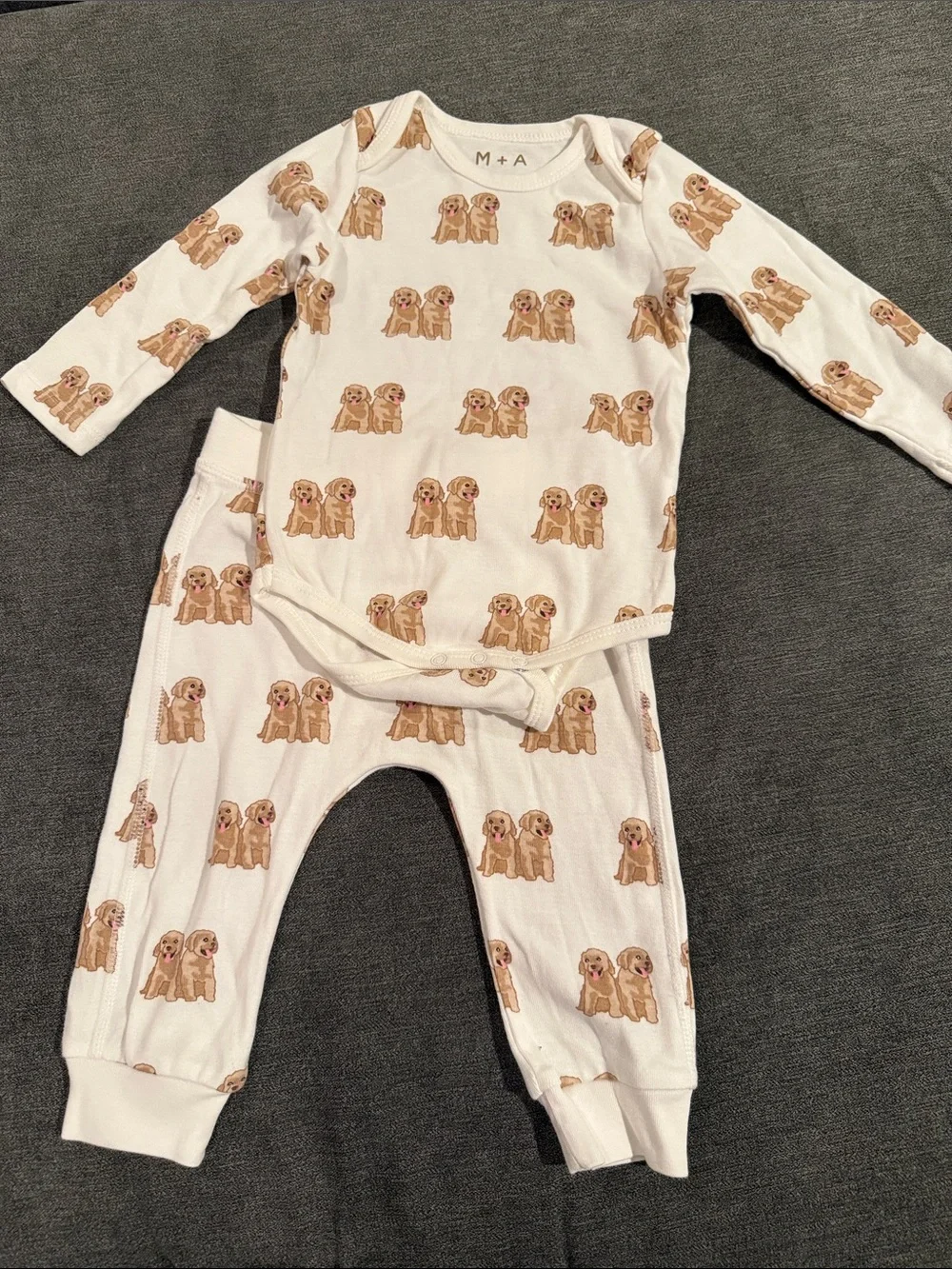 M+A Cream Puppy Print Kids Matching Set - Long Sleeve Bodysuit & Pants 🐶🐾 - Picture 1 of 7